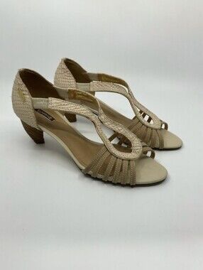 Dumond Reptile Textured Wooden Heel Strappy Sandals Cream Gold EU40 US9